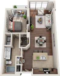 A top-down view of a small apartment with a living room, kitchen, and bathroom.