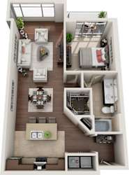 A top-down view of a modern apartment layout with a kitchen, living room, dining area, and bathroom.