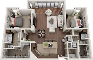 A 3D floor plan of a house with a kitchen, living room, and two bedrooms.