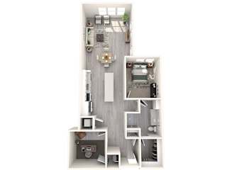 A 3D floor plan of a small apartment with a kitchen, living room, and bathroom.