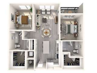 A 3D floor plan of a house showing a kitchen, living room, and bedrooms.