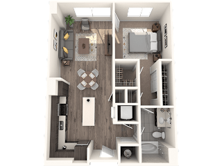 A 3D rendered image of a small apartment layout.