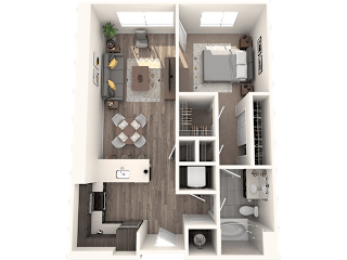 A top-down view of a small apartment with a living room, kitchen, and bathroom.