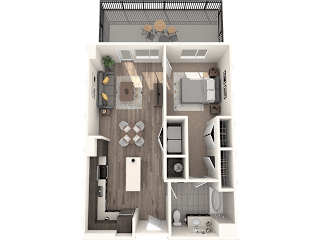 A top-down view of a small apartment with a living room, kitchen, and bathroom.