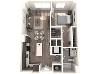 A 3D rendered image of a modern apartment layout.