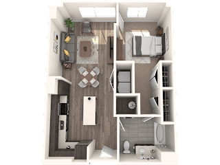A 3D rendered image of a modern apartment layout.