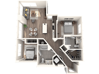 A 3D floor plan of a house showing a kitchen, living room, dining room, and bedrooms.