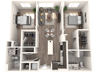 A 3D floor plan of a small apartment with a kitchen, living room, and bathroom.