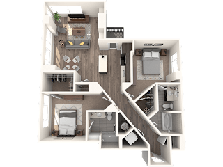 A 3D floor plan of a house with a kitchen, living room, and bedrooms.