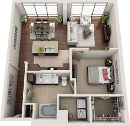 A 3D floor plan of a small apartment with a kitchen, living room, and bathroom.