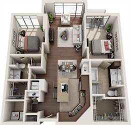 A 3D floor plan of a small apartment with a kitchen, living room, and bedroom.