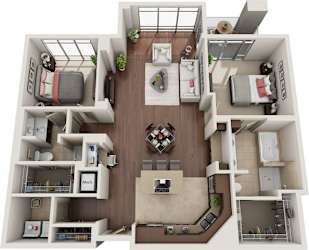A 3D floor plan of a small apartment with a kitchen, living room, and bedrooms.