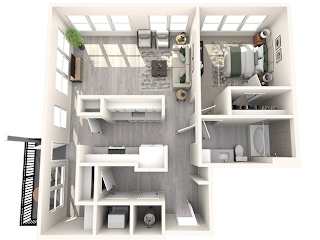 A top-down view of a small, modern apartment with a kitchen, living room, and bathroom.