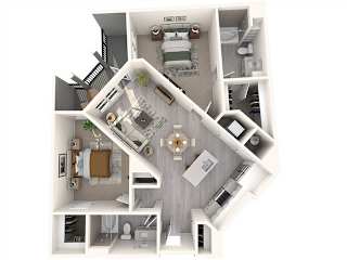A top-down view of a small apartment with a kitchen, living room, and bathroom.