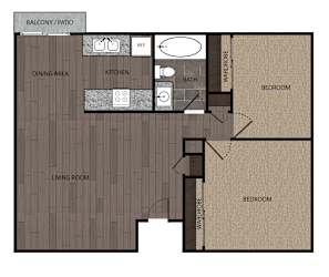 Rendered drawing of two bedroom one full bathroom and kitchen floorplan with private patio/balcony.. Approximately 840 square feet.