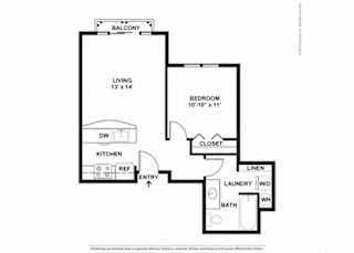 A floor plan of a home with a living room, bedroom, laundry, and kitchen.