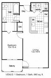 A floor plan of a one bedroom apartment with a bathroom, living room, and kitchen.