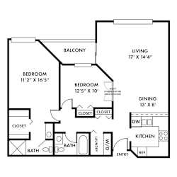 A black and white image of a floor plan for a home with two bedrooms, a living room, a dining area, a kitchen, a bathroom, and a laundry room.