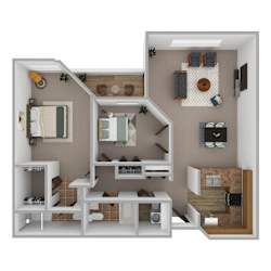 A 3D rendered image of a small apartment layout.