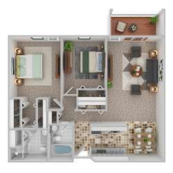 A 3D floor plan of a small apartment with a kitchen, living room, and bathroom.