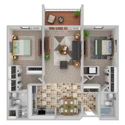 A top-down view of a small apartment with a kitchen, living room, and bathroom.