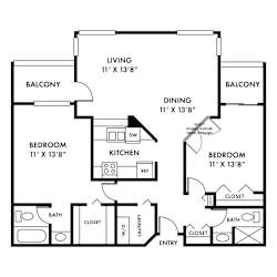 A black and white floor plan of a house with two bedrooms, a living room, a dining room, a kitchen, a bathroom, a laundry area, and two balconies.