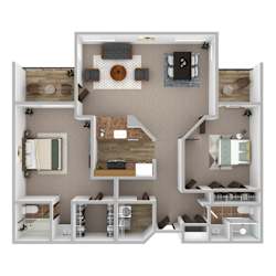 A 3D floor plan of a house with multiple rooms and furniture.