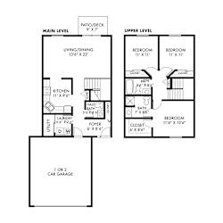 A floor plan of a two-level home with labeled rooms and dimensions.