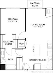 A black and white image of a floor plan for a home with a balcony/patio.