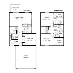 A floor plan of a two-story house with a garage.