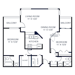 a floor plan of a bedroom apartment with a living room and a dining room