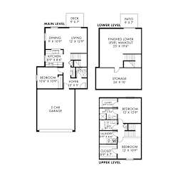 A floor plan of a house with a main level, lower level, and upper level, showing the layout and dimensions of each room.