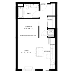 A black and white image of a floor plan for a small apartment.