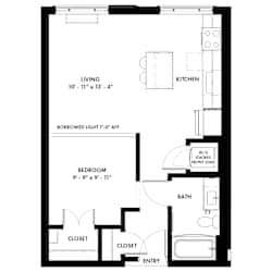 A floor plan of a small apartment with a living room, kitchen, bedroom, bathroom, closets and an entry.