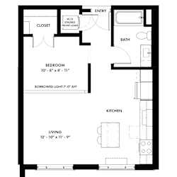 A floor plan of a small apartment with a bedroom, living room, kitchen, and bathroom.
