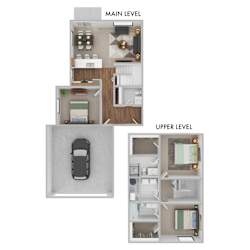 A floor plan of a two-level apartment with a car parked in the garage.