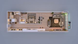A top-down view of a living space with a kitchen, dining area, and a section with a couch and a chair.