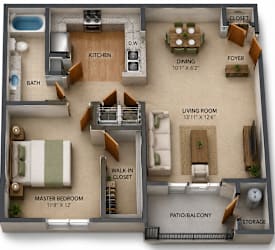 One Bedroom & One Bathroom. Open Floor Plan with Living Room and Dining Area. Walk-In-Closet, Private Patio with Storage.