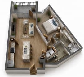 One bedroom and One Bathroom with Kitchen Island. 786 Square Feet