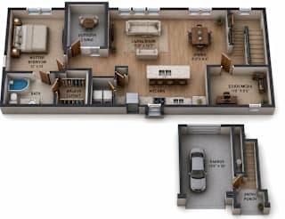 Largest One Bedroom & One Bathroom. Attached Garage. Bedroom offers Walk-In-Closet, Kitchen Island, Study/Den Area, and cozy Private Patio.