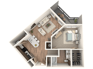 A 3D floor plan of a house showing a kitchen, living room, dining room, and bathroom at District at Medical Center, San Antonio, 78229