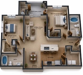Two Bedrooms & Two Baths. Kitchen Island with Pantry. Dining Room and Living Room with Private Patio and Storage Closet.