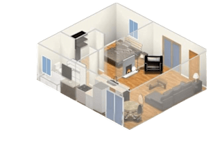 a floor plan of a room with a fireplace and a couch