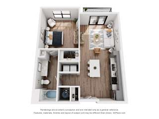 1Bed Floor Plan at DAWSON PARK APARTMENTS, Louisiana