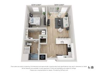 A 3D floor plan of a small apartment with two bedrooms, a living room, and a kitchen.