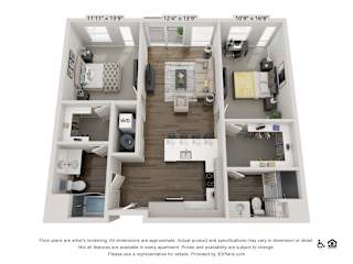 A 3D floor plan of a two-bedroom apartment with a living room, kitchen, and bathroom.