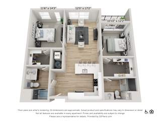 A 3D floor plan of an apartment with dimensions and a disclaimer at the bottom.