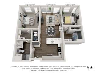 A 3D floor plan of an apartment with dimensions and a disclaimer.