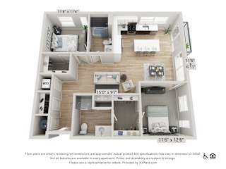 A 3D floor plan of a small apartment with two bedrooms, a living room, and a kitchen.