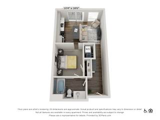 A 3D floor plan of a 10x18 foot apartment with a kitchen, living room, and bathroom.